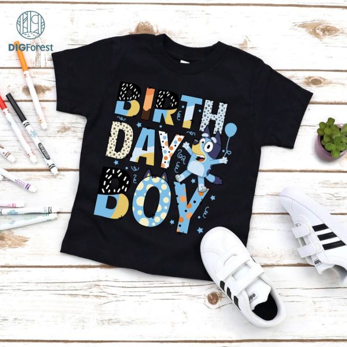 Bluey Birthday Boy Shirt, Birthday Party Png, Bluey Family Png, Bluey Era Clipart, Bluey Cartoon Png, Dog Cartoon Birthday, Digital Download