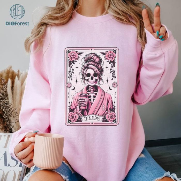 Mother's Day Tarot Pink The Mom Overcafeinated Shirt | Woman Skeleton Mother Design, Witchy Vibes Skull Mama Shirt