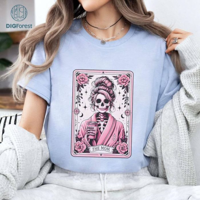 Mother's Day Tarot Pink The Mom Overcafeinated Shirt | Woman Skeleton Mother Design, Witchy Vibes Skull Mama Shirt