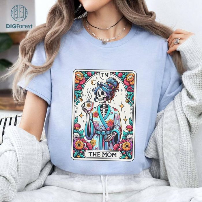 Mother's Day Tarot Pink The Mom Overcafeinated Shirt | Woman Skeleton Mother Design, Witchy Vibes Skull Mama Shirt