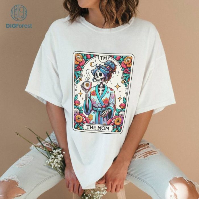 Mother's Day Tarot Pink The Mom Overcafeinated Shirt | Woman Skeleton Mother Design, Witchy Vibes Skull Mama Shirt