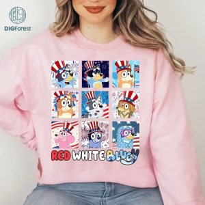 Red White and Bluey 4th of July Shirt, Dog Cartoon Characters 4th Of July Shirt, Independence Day Tee, Happy Fourth Of July T-Shirt