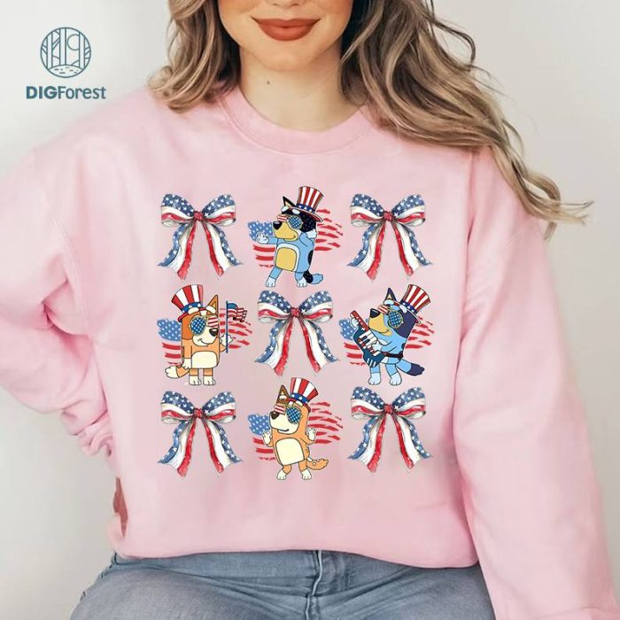 Coquette Bows Bluey and Bingo 4th of July Shirt, Bluey American Patriotic Group Shirt, Family Happy Independence Day 2024 tee