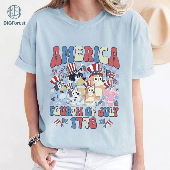 Bluey Checkered Disney Happy 4th of July Shirt, Dog Cartoon Characters 4th Of July Shirt, Independence Day Tee, Happy Fourth Of July T-Shirt