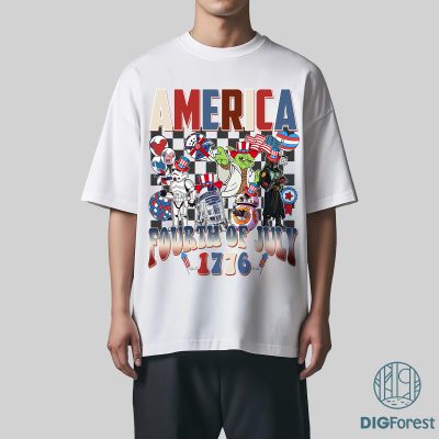 Star Wars 4th of July Shirt – Checkered Disneyworld Patriotic Tee with Darth Vader & Baby Yoda, Mandalorian Memorial Day Shirt