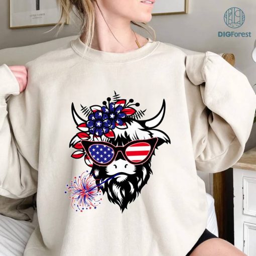 America Cow Shirt, Shaggy Cow 4th of July Shirt, Independence Day Sublimation Design, American Flag Png, USA Png, Digital Download