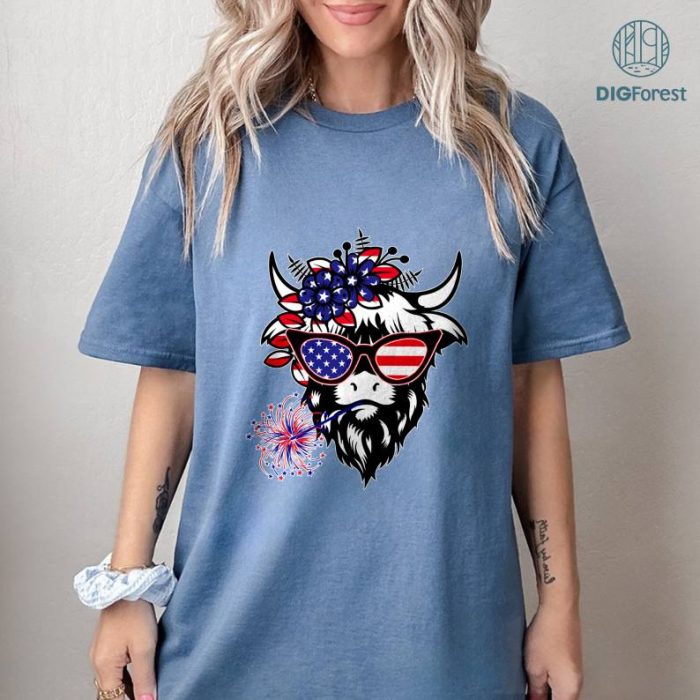 America Cow Shirt, Shaggy Cow 4th of July Shirt, Independence Day Sublimation Design, American Flag Png, USA Png, Digital Download