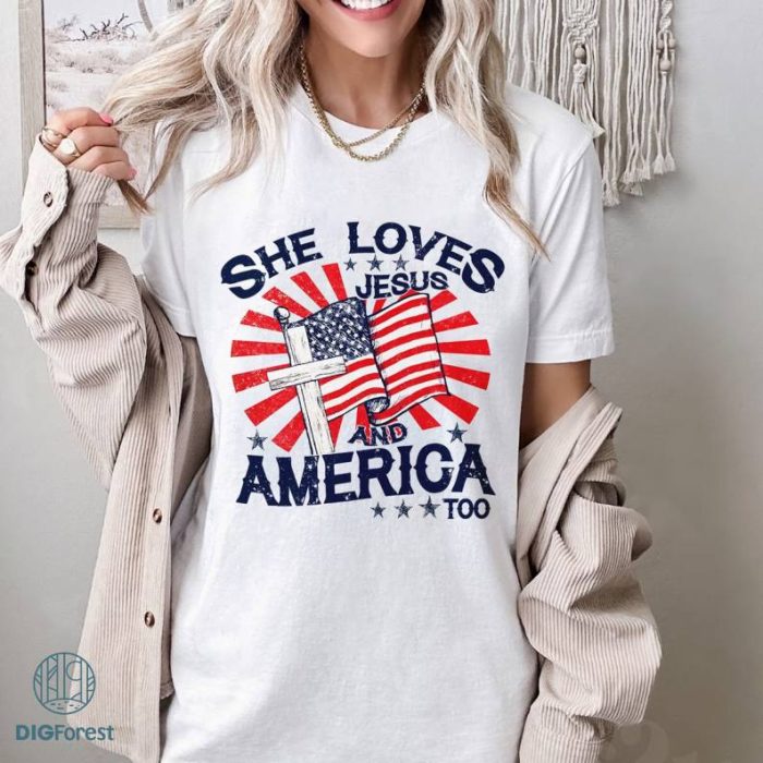 Independence Day Shirt, Christian Shirt, 4th of July Shirt, She Loves Jesus And America Too Shirt, America Retro Shirt, Usa Shirt, USA Flag