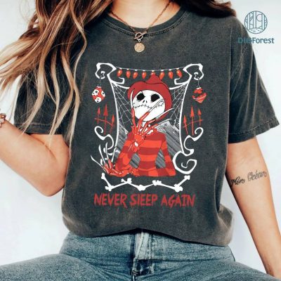 Nightmare Before Christmas Movie Shirt, Jack Skellington Freddy Krueger Halloween Shirt, Family Shirt, Never Sleep Again Shirt, Horror Movie Shirt