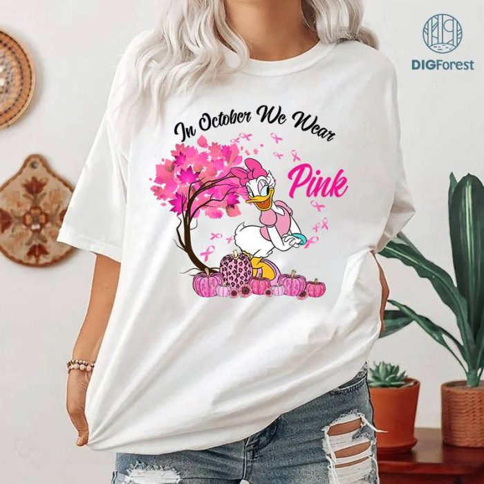 In October We Wear Pink Classic TShirt, Disney Daisy Duck Breast Cancer Awareness Shirt, Cancer Survivor Pink Ribbon Shirt