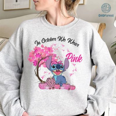 In October We Wear Pink Classic TShirt, Disney Stitch Breast Cancer Awareness Shirt, Cancer Survivor Pink Ribbon Shirt