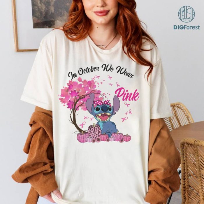 In October We Wear Pink Classic TShirt, Disney Stitch Breast Cancer Awareness Shirt, Cancer Survivor Pink Ribbon Shirt