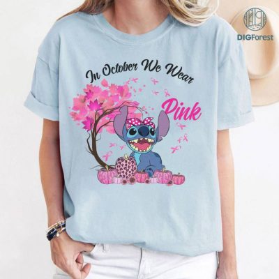 In October We Wear Pink Classic TShirt, Disney Stitch Breast Cancer Awareness Shirt, Cancer Survivor Pink Ribbon Shirt