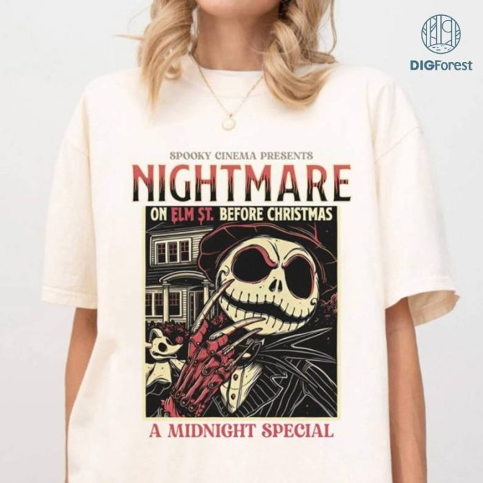Jack Skellington Freddy Krueger Halloween Shirt, Nightmare Before Christmas Movie Shirt, Family Shirt, Never Sleep Again Shirt, Horror Movie Shirt