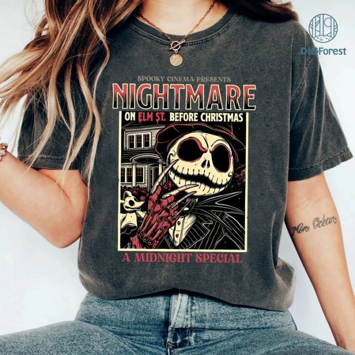 Jack Skellington Freddy Krueger Halloween Shirt, Nightmare Before Christmas Movie Shirt, Family Shirt, Never Sleep Again Shirt, Horror Movie Shirt