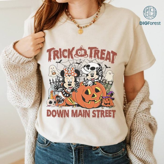 Trick or Treat Down Main Street Mickey Minnie Skeleton Disneyland Halloween, Disney Mickey's Not So Scary Halloween Party 2024 Tee Family Halloween