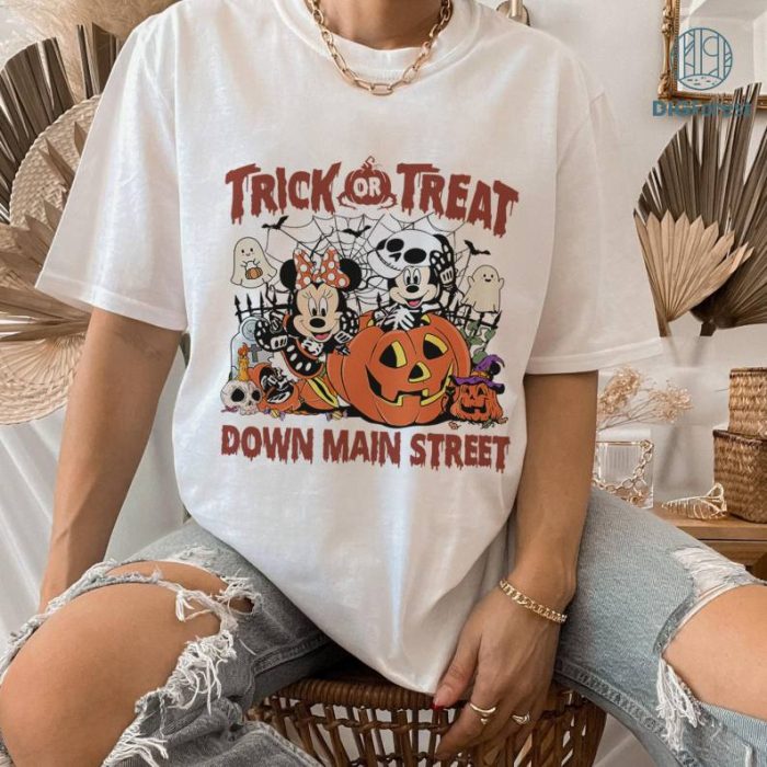 Trick or Treat Down Main Street Mickey Minnie Skeleton Disneyland Halloween, Disney Mickey's Not So Scary Halloween Party 2024 Tee Family Halloween