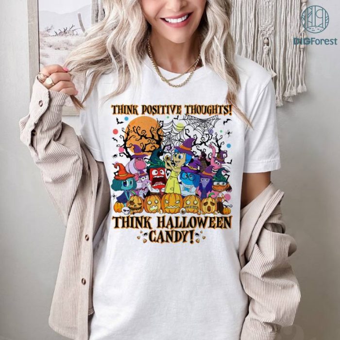 Disney Think Positive Thoughts Think Halloween Candy Disneyland Pixar Inside Out Halloween Shirt, Inside Out Movie 2024 Trick Or Treat Joy Anxiety