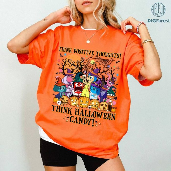 Disney Think Positive Thoughts Think Halloween Candy Disneyland Pixar Inside Out Halloween Shirt, Inside Out Movie 2024 Trick Or Treat Joy Anxiety