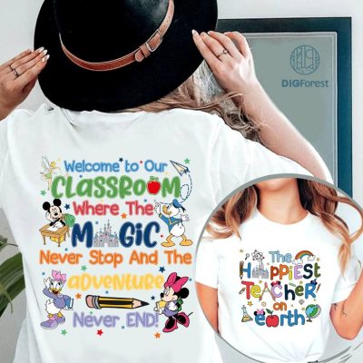 Mickey and Friends Disney Happiest Teacher on Earth Double Sided Shirt, Disney Teacher Back To School, Disney Castle Shirt, Gift for Teacher