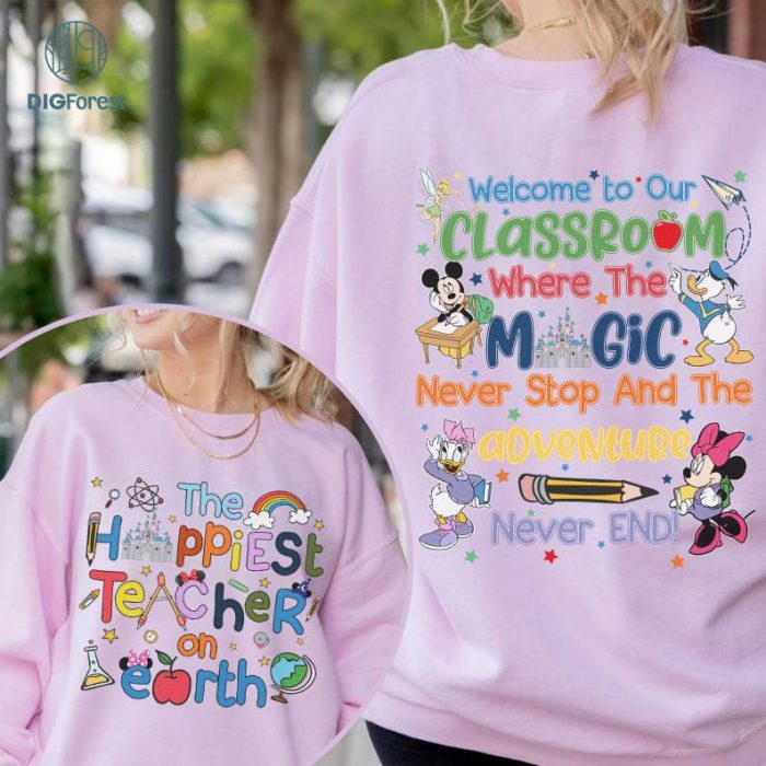 Mickey and Friends Disney Happiest Teacher on Earth Double Sided Shirt, Disney Teacher Back To School, Disney Castle Shirt, Gift for Teacher