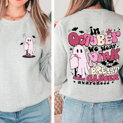 Ghost With Pink In October We Wear Pink Shirt, Breast Cancer Awareness Shirt,Cancer Halloween Shirt,Pink Ribbon,Cancer Support Shirt,Breast Cancer Tee