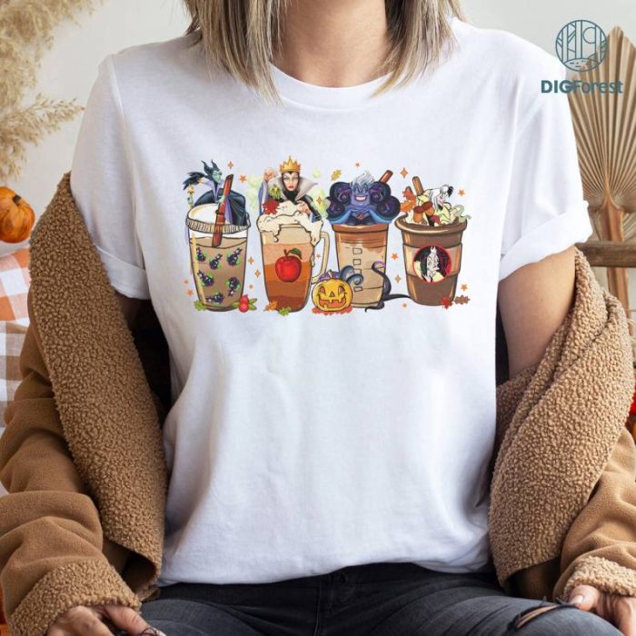 Disney Fall Villian Coffee Comfort Colors Shirt, Halloween Pumpkin Latte Cup Pumpkin Spice Shirt, Horror Fall Iced Coffee Lover Halloween Sweatshirt