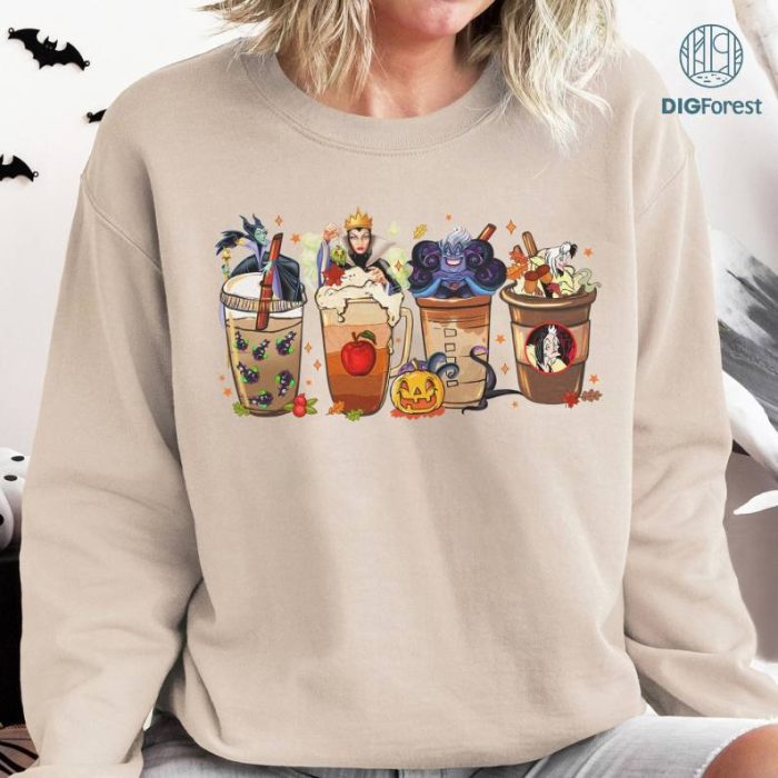 Disney Fall Villian Coffee Comfort Colors Shirt, Halloween Pumpkin Latte Cup Pumpkin Spice Shirt, Horror Fall Iced Coffee Lover Halloween Sweatshirt