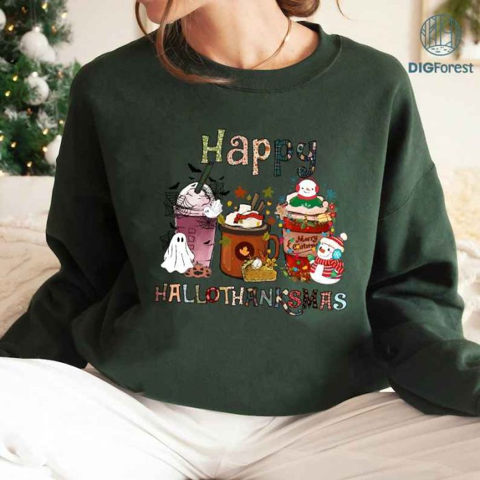 Hallothanksmas Coffee Shirt, Happy Hallothanksmas T-shirts, Funny Holiday Shirt, Family Matching Shirt, Happy Christmas Coffee Woman Shirt