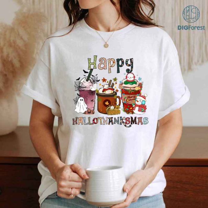 Hallothanksmas Coffee Shirt, Happy Hallothanksmas T-shirts, Funny Holiday Shirt, Family Matching Shirt, Happy Christmas Coffee Woman Shirt