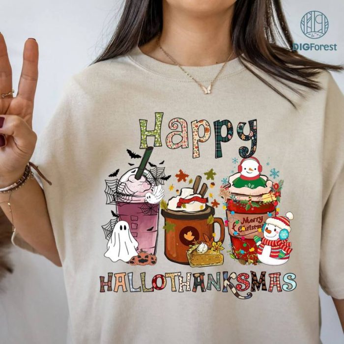 Hallothanksmas Coffee Shirt, Happy Hallothanksmas T-shirts, Funny Holiday Shirt, Family Matching Shirt, Happy Christmas Coffee Woman Shirt