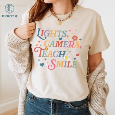 Lights Camera Teach Smile Shirt Download, Teacher Png Download, Groovy Teacher Png, Back To School Shirt, Teacher Png, Digital Download
