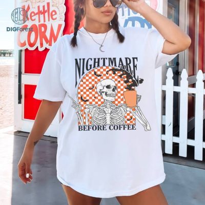 Comfort Colors® Retro Halloween Shirt For Women, Nightmare Before Coffee Halloween Shirt, Halloween Skeleton Shirt, Coffee Shirt
