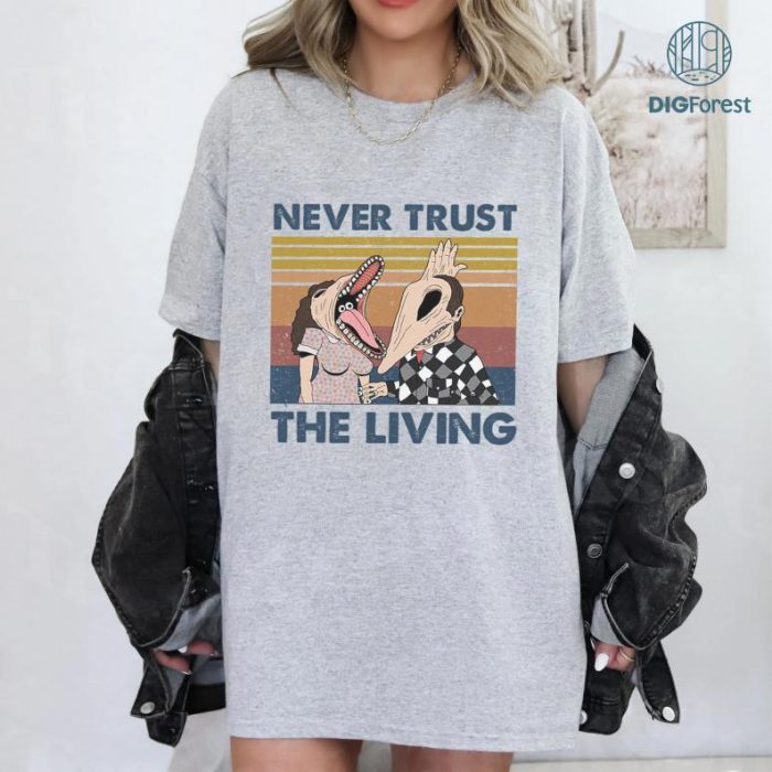 Never Trust The Living Vintage T Shirt Beetlejuice Lovers Fan Movie T Shirt, Horror Movie Shirt, Beetejuice 1988 Movie T-Shirt, Vintage Halloween Movie Shirt, Beetejuice. Gift, Halloween Party