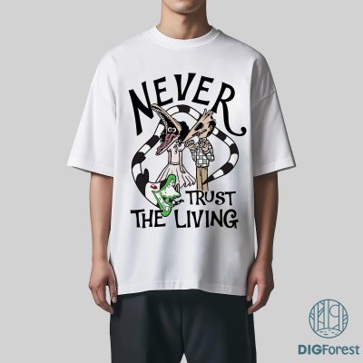 Never Trust The Living Beetlejuice T-Shirt – Vintage 1988 Horror Movie Shirt, Halloween Party Gift for Fans