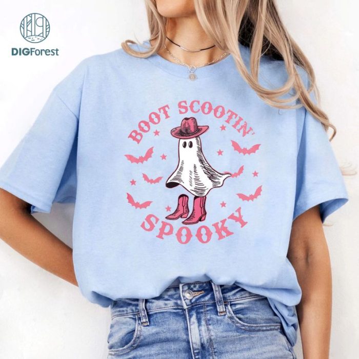 Boot Scootin Spooky T-shirt, Pink Cowgirl Ghost Shirt, Western Ghost Shirt, Western Halloween T-shirt, Spooky Season Shirt, Halloween Gift