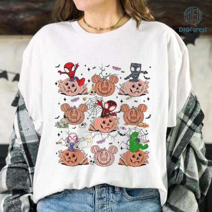 Spiderman and His Friends Skeleton Pumpkin Halloween Shirt, Spiderman Halloween Shirt, Halloween Family Shirt, Pumpkin Halloweeen Shirt