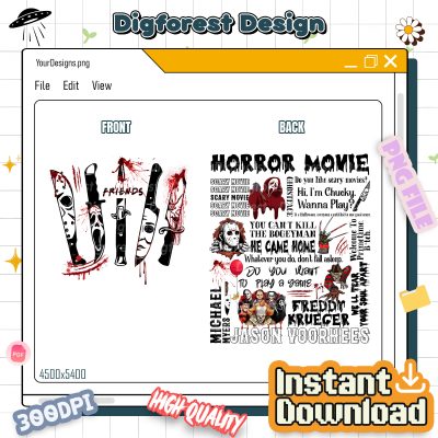 Vintage Horror Character PNG, Michael Myers Freddy Krueger PNG, Horror Movie Quotes PNG, Halloween Sweatshirt Design