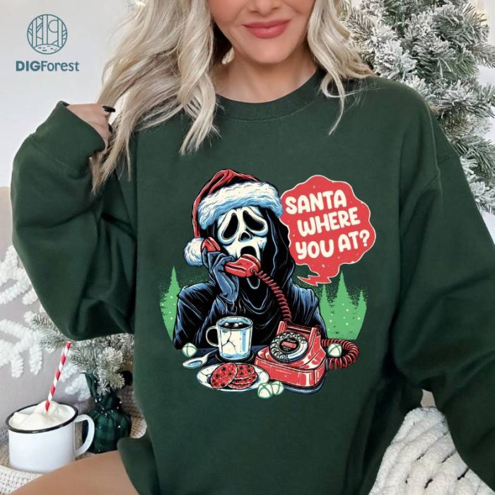 Ghost Santa Where You At Png, Funny Christmas Horror Png, Ghost Calling Santa T-Shirt, Scary Movie Holiday Png, Slasher Christmas Graphic