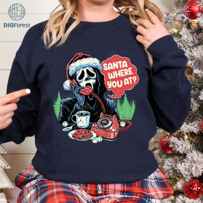 Ghost Santa Where You At Png, Funny Christmas Horror Png, Ghost Calling Santa T-Shirt, Scary Movie Holiday Png, Slasher Christmas Graphic