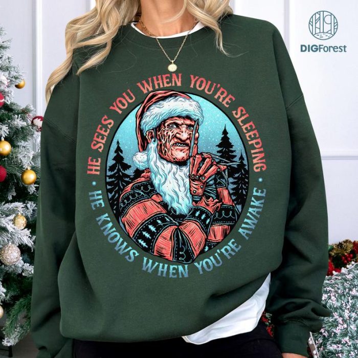 Xmas Freddy Krueger Christmas, Horror Guys Christmas Sweatshirt, Slashin Through the Snow, Goth Christmas Shirt, He Sees You When You're Sleeping - He Knows When You're Awake