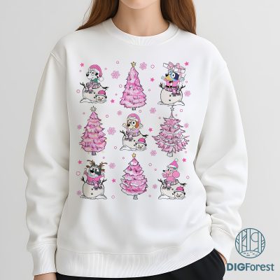 Bluey Family Christmas PNG - Bluey Christmas Tree PNG, Blue Dog Pink Xmas Tree PNG, Bluey Pink Holiday PNG