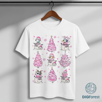 Bluey Family Christmas PNG - Bluey Christmas Tree PNG, Blue Dog Pink Xmas Tree PNG, Bluey Pink Holiday PNG