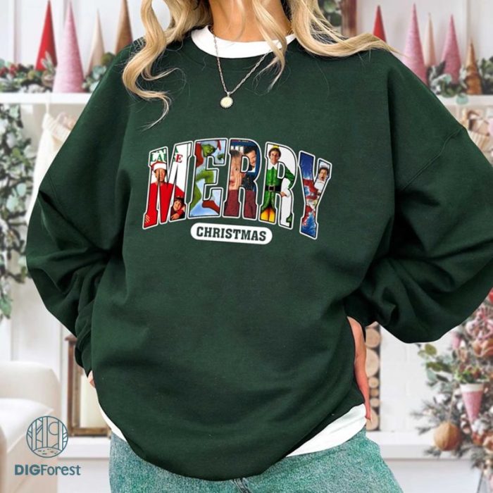 Merry Christmas Movie Characters Shirt | Grinch, Home Alone, Elf, Santa Claus Design | Funny Christmas Movie Sweatshirt