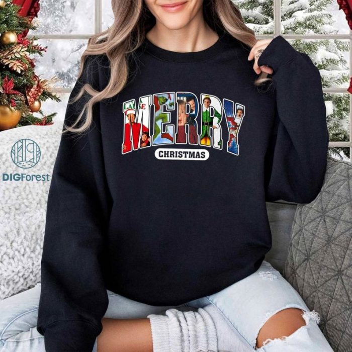 Merry Christmas Movie Characters Shirt | Grinch, Home Alone, Elf, Santa Claus Design | Funny Christmas Movie Sweatshirt