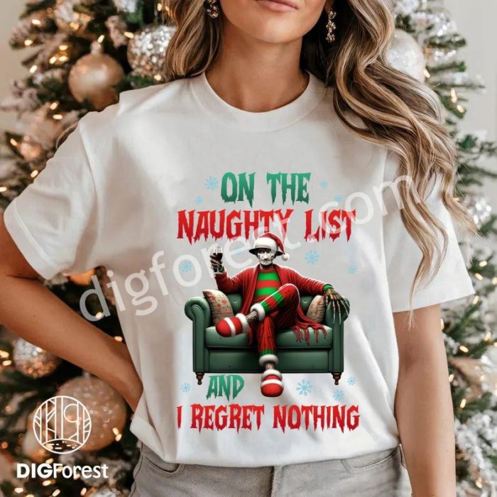 Santa Freddy Kruegers On the Naughty List and I Regret Nothing Shirt | Funny Christmas Movie Tee | Merry Creepmas Xmas Shirt