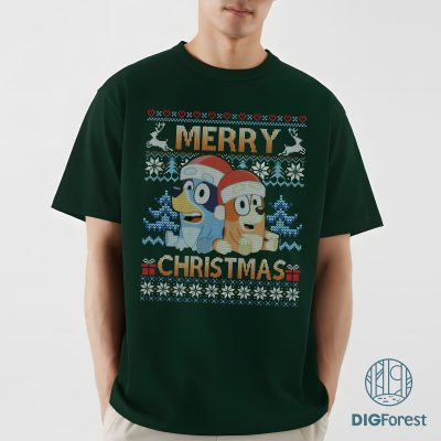 Bluey Ugly Merry Christmas 2025 Shirt - Blue Dog Holiday Sweatshirt, Bluey and Bingo Family Christmas Design