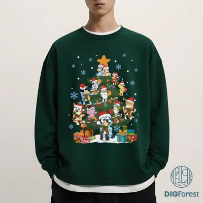 Cute Blue Dog Christmas Shirt - Bluey Christmas Tree Sweatshirt, Santa Claus Holiday Shirt, Festive Design