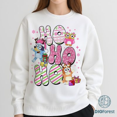 Bluey Pink Ho Ho Ho Christmas Shirt - Bluey Kids Holiday Sweatshirt, Family Christmas Shirt, Very Merry Bluey Xmas Shirt