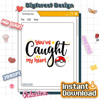 You’ve Caught My Heart PNG – Pokeball Valentine Design, Pikachu Anime Couple Art, Romantic Gift Digital Download